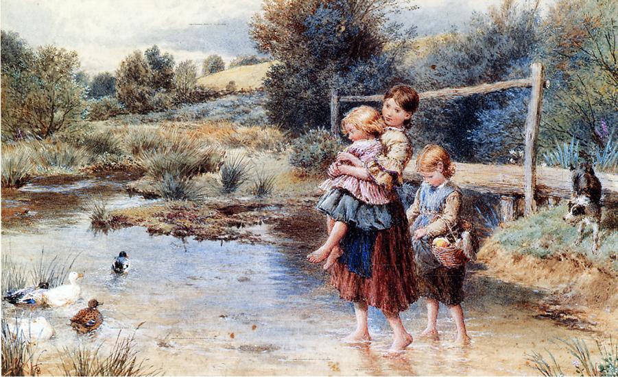 Myles-Birket-Foster-Children-Paddling-in-a-Stream